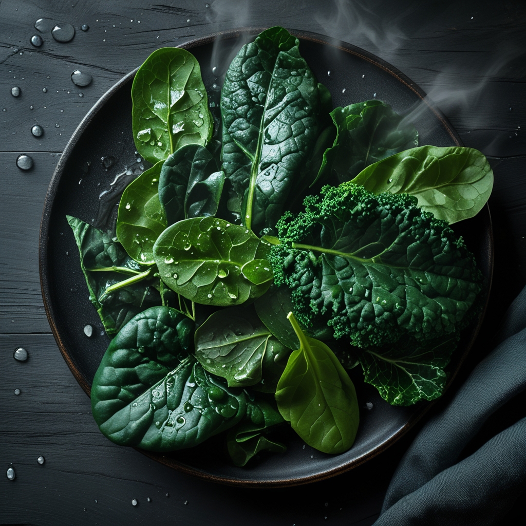 Overhead view of dark green leafy vegetables including spinach and kale leaves with water droplets on a dark wooden surface under dramatic side lighting revealing leaf texture and rich green colour