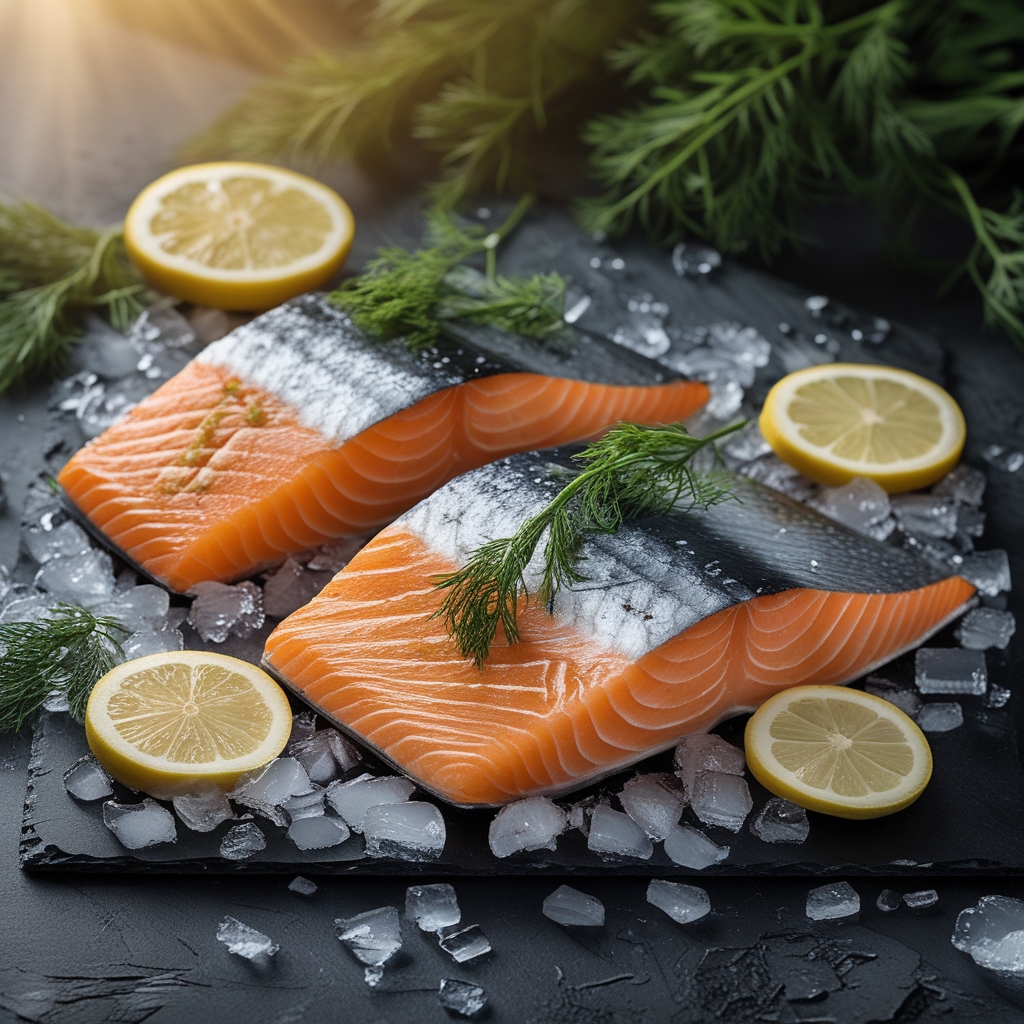 Fresh whole salmon fillets on a bed of crushed ice with lemon slices and fresh dill, dramatic cool overhead lighting highlighting the fish skin texture and rich orange flesh colour on dark slate