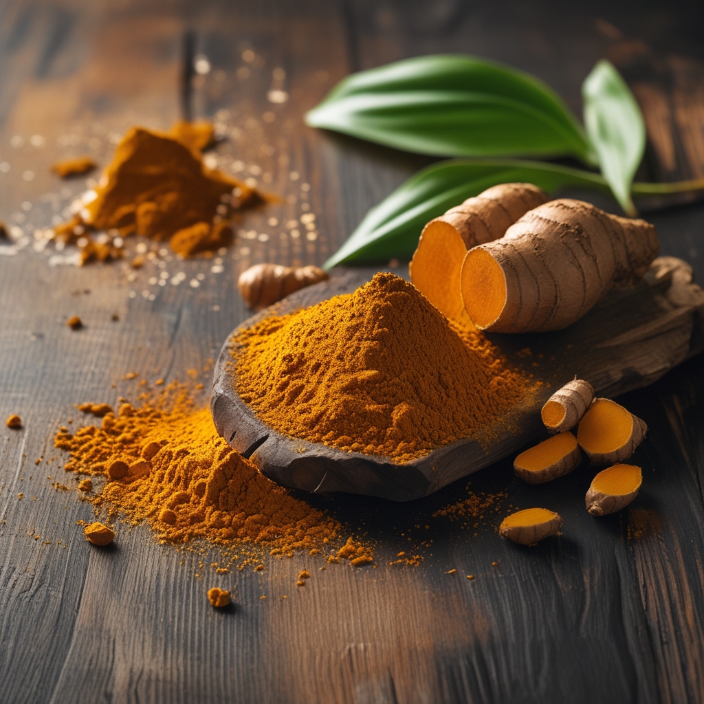 Fresh turmeric root and ground turmeric powder on a dark weathered wooden surface with dramatic side lighting revealing rich golden orange textures and a few green turmeric leaves in background