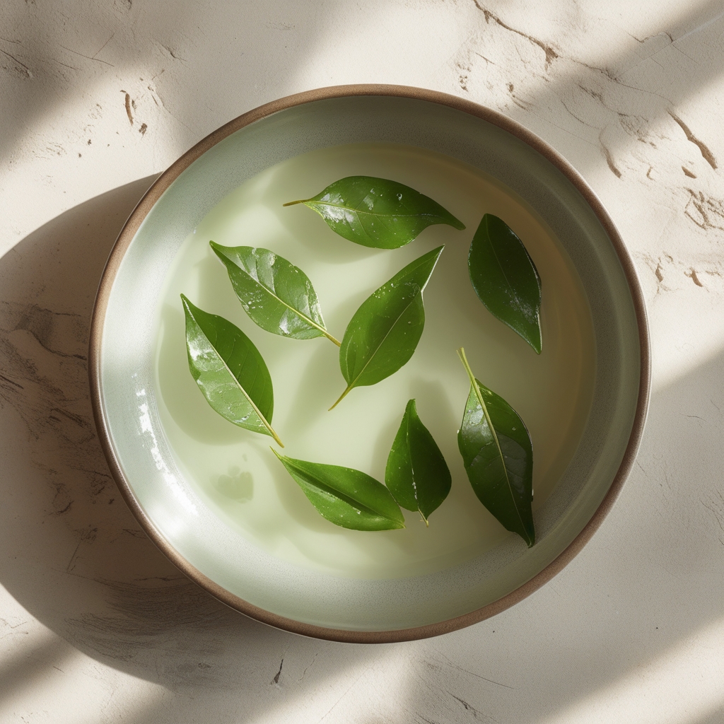 Overhead view of fresh green tea leaves floating in a minimalist ceramic bowl with clear pale green liquid, morning soft light casting gentle shadows, conveying purity and botanical complexity