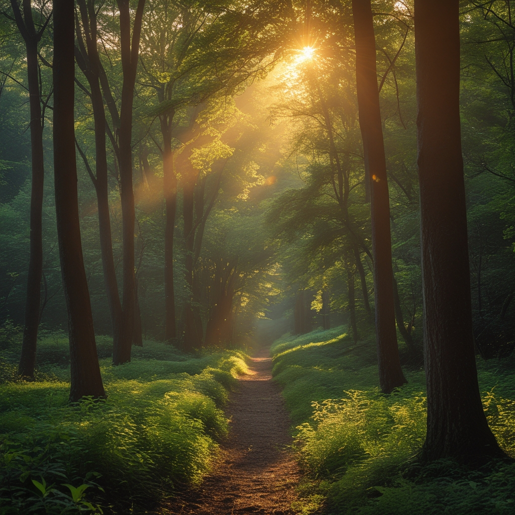 Golden afternoon sunlight streaming through a gap in tall forest trees onto a woodland path with lush green undergrowth, warm natural light creating a sense of vitality and organic depth